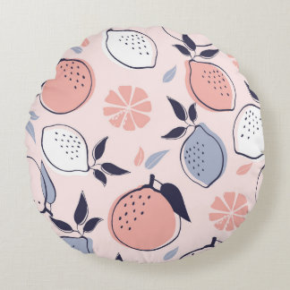 Abstraktes Zitrusmuster von Zitronen und Orangen i Rundes Kissen