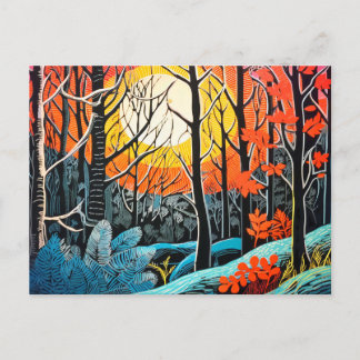 Abstraktion in einem bezaubernden Linocut-Wald-Win Feiertagspostkarte