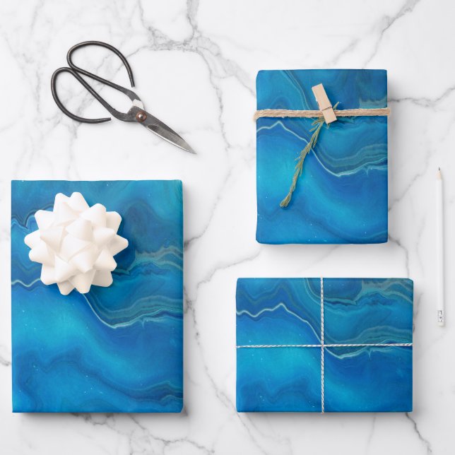 Abstraktion mit blauem und Aquamarinem Marmorboden Geschenkpapier Set (Vorderseite)