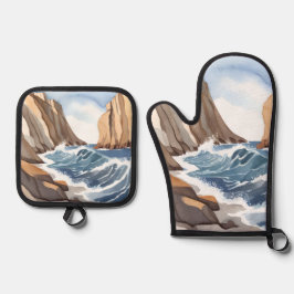 Absturz von Meereswellen | Strandbäder Ofenhandschuh & Topflappen-Set