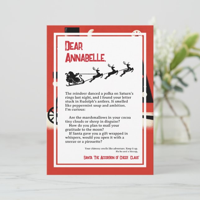 Absurdist Dada Brief von Santa Einladung (Stehend Vorderseite)