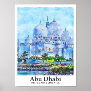 Abu Dhabi UAE Reisen Wasserfarbe Hand gezogen Poster
