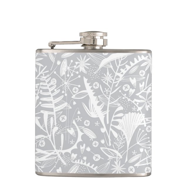 Abundance Botanischer Silber Grauer Floral Flask Flachmann (Vorderseite)