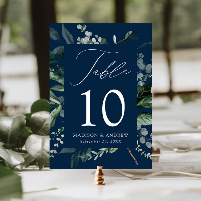 Abundant Greenery Navy Table Number Card (Von Creator hochgeladen)