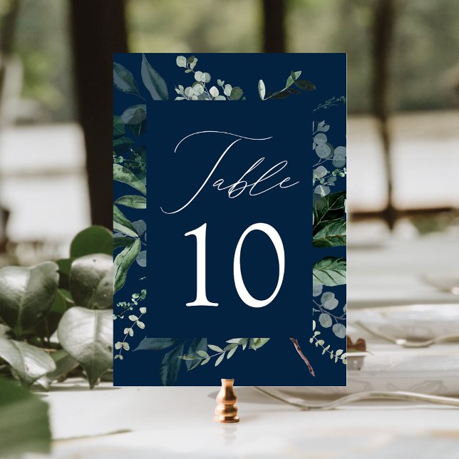 Abundant Greenery Navy Wedding Table Number Card (Von Creator hochgeladen)