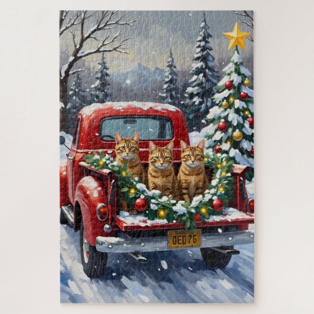 Abyssinian Cat Christmas Red Truck Holiday Puzzle (Vertikal)