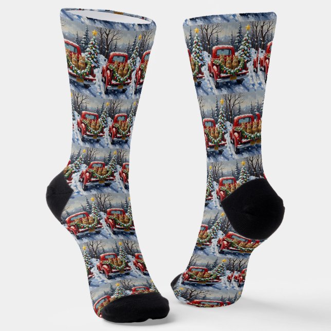 Abyssinian Cat Christmas Red Truck Holiday Socken (Gewinkelt)