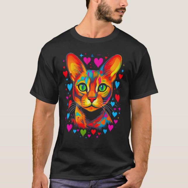 Abyssinian Cat Pink Blue Red Heart T-Shirt (Vorderseite)