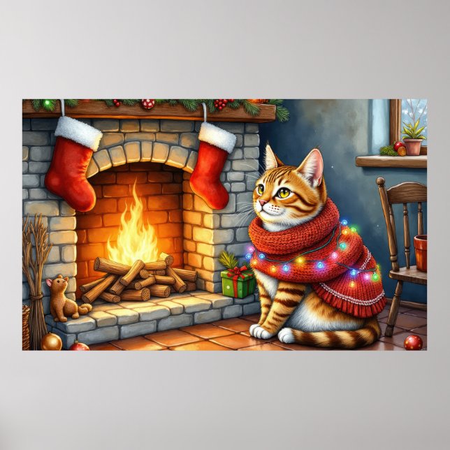 Abyssinian Cat Sitting by Fireplace with Christmas Poster (Vorne)