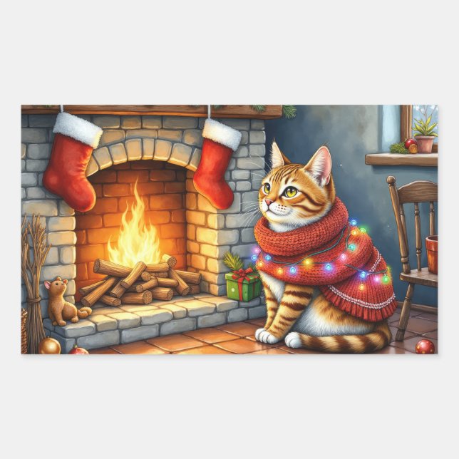 Abyssinian Cat Sitting by Fireplace with Christmas Rechteckiger Aufkleber (Vorderseite)