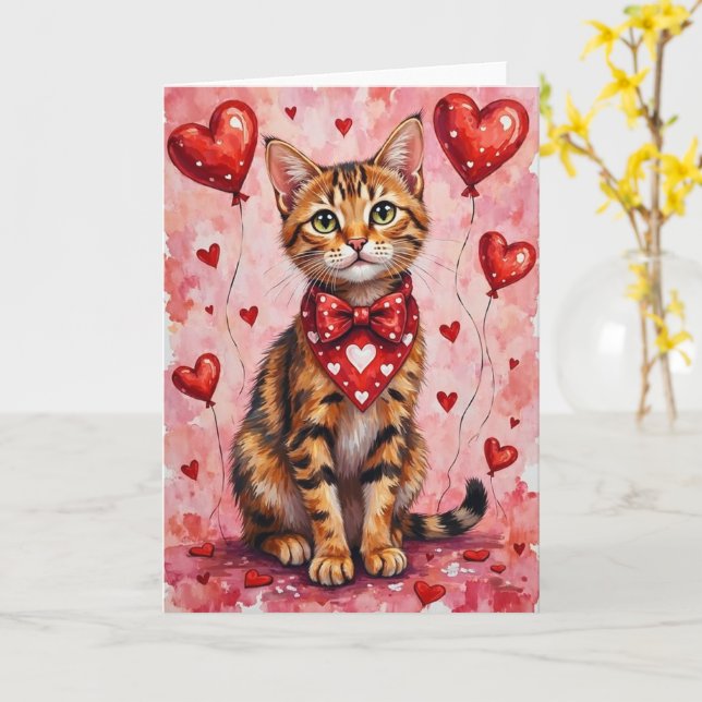 Abyssinian Cat Valentine Sitting with Hearts Red Karte (Gelbe Blume)