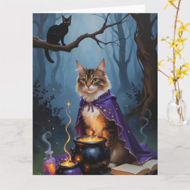 Abyssinian Cat Whimsical Halloween Malerei Karte (Gelbe Blume)
