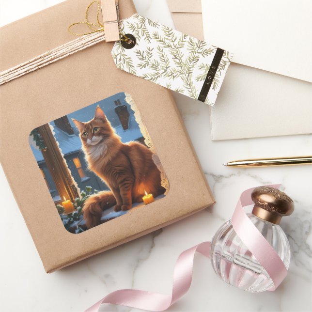 Abyssinian Cat With Christmas Lights Holiday Quadratischer Aufkleber (Schenken)