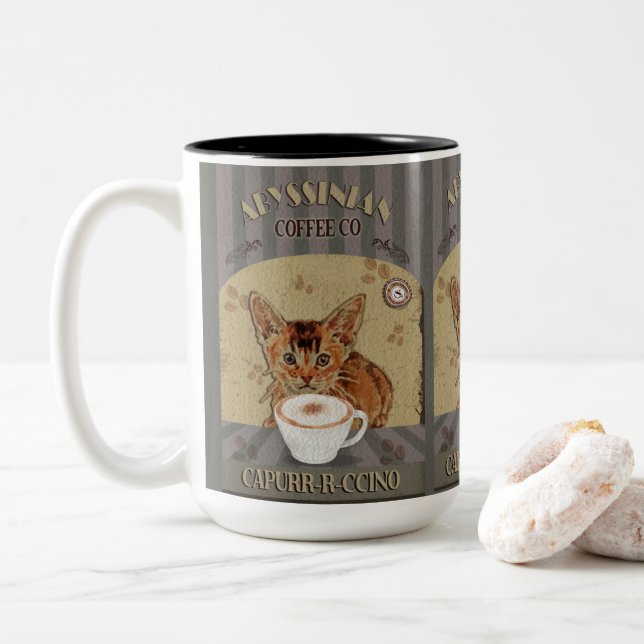 Abyssinian Chat Kaffee Capurrccino Vintage Poster Zweifarbige Tasse (Mit Donut)