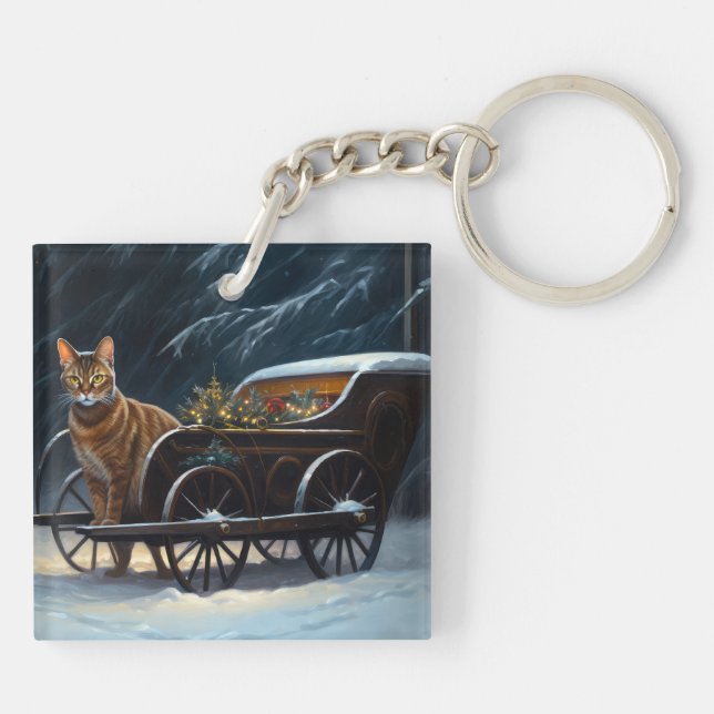 Abyssinian Snowy Sleigh Ride Weihnachtsdekor Schlüsselanhänger (Rückseite)
