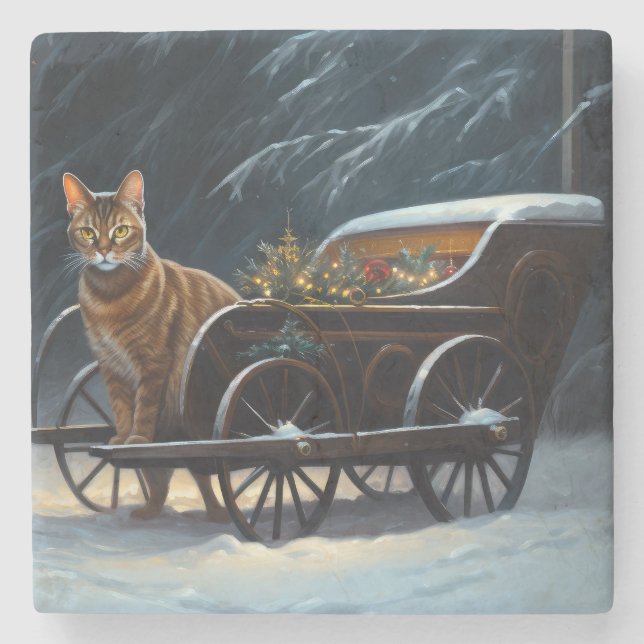 Abyssinian Snowy Sleigh Ride Weihnachtsdekor Steinuntersetzer (Vorderseite)