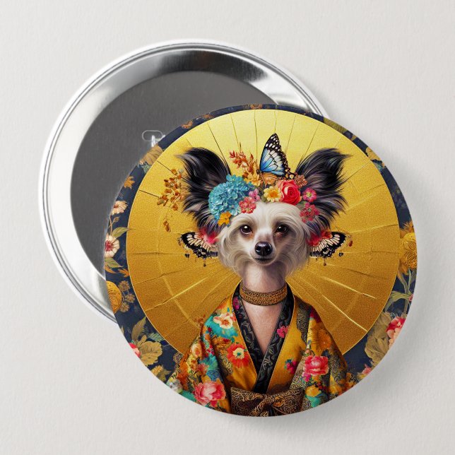Abzeichen Chinesischer Crested Hund Kunst Button (Vorne & Hinten)