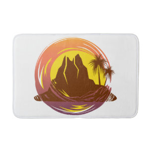 Abzeichen mit tropischer Vulkanlandschaft und Palm Badematte
