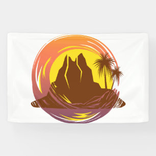 Abzeichen mit tropischer Vulkanlandschaft und Palm Banner