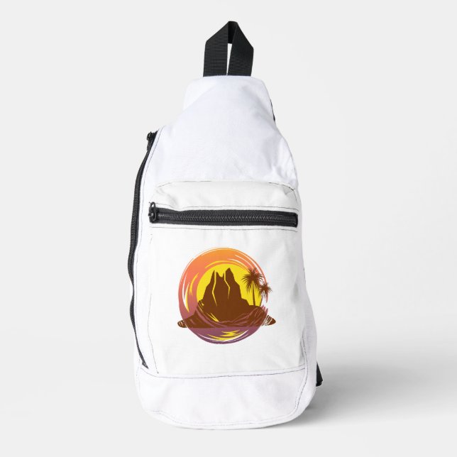 Abzeichen mit tropischer Vulkanlandschaft und Palm Crossbody Bag (Vorderseite)
