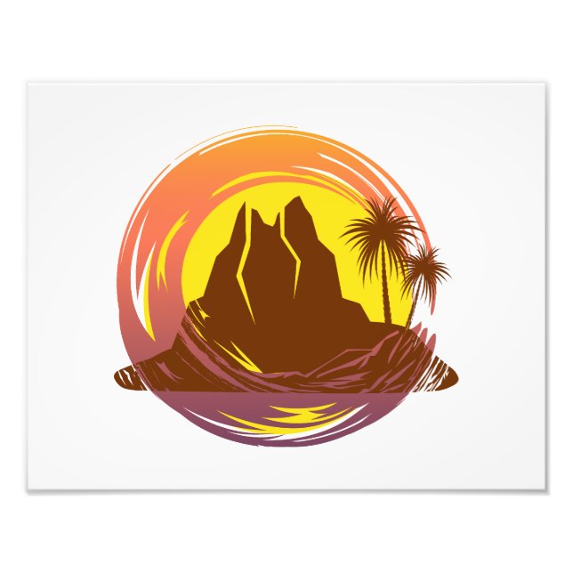Abzeichen mit tropischer Vulkanlandschaft und Palm Fotodruck (Vorne)