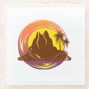 Abzeichen mit tropischer Vulkanlandschaft und Palm Glasuntersetzer