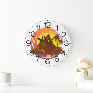 Abzeichen mit tropischer Vulkanlandschaft und Palm Große Wanduhr