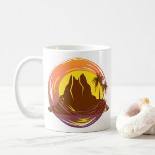 Abzeichen mit tropischer Vulkanlandschaft und Palm Kaffeetasse