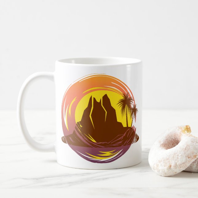 Abzeichen mit tropischer Vulkanlandschaft und Palm Kaffeetasse (Mit Donut)