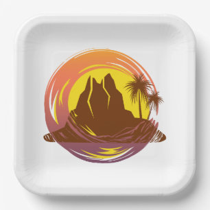 Abzeichen mit tropischer Vulkanlandschaft und Palm Pappteller