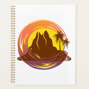 Abzeichen mit tropischer Vulkanlandschaft und Palm Planer