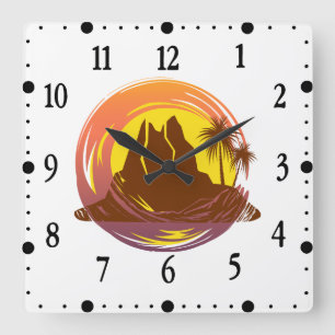Abzeichen mit tropischer Vulkanlandschaft und Palm Quadratische Wanduhr