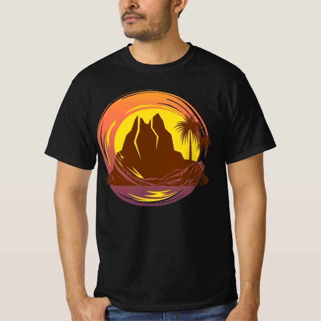 Abzeichen mit tropischer Vulkanlandschaft und Palm T-Shirt (Vorderseite)