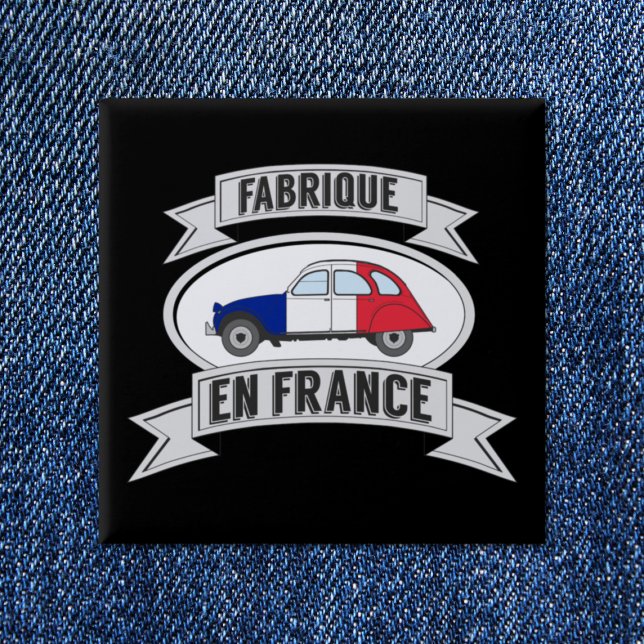 Abzeichen Oldtimer 2cv fabrique en France Button (2CV Button in Black with a Red White Blue Deux Chevaux Illustration)