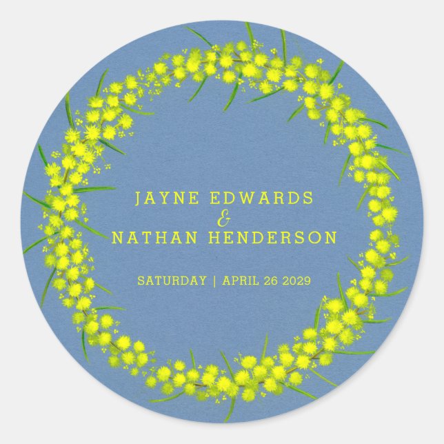 Acacia gelben Wattkranz Hochzeitsticker Runder Aufkleber (Vorderseite)