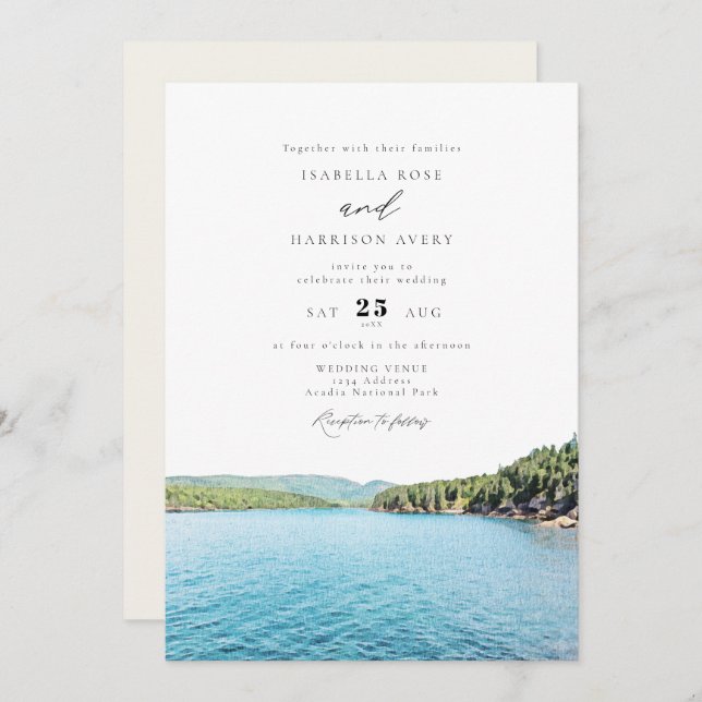 ACADIA NATIONAL PARK Watercolor Skyline Wedding Einladung (Vorne/Hinten)