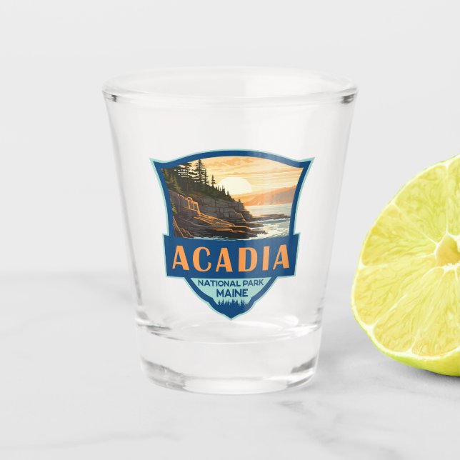 Acadia Nationalpark Illustration Retro Abzeichen Schnapsglas (Vorderseite)