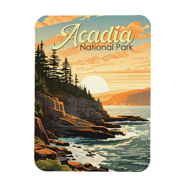 Acadia Nationalpark Illustration Retro Magnet (Vertikal)
