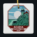 Acadia Nationalpark Maine Leuchtturm Retro Emblem Keramikornament<br><div class="desc">Acadia Vektorgrafik Design. Der Acadia Nationalpark liegt hauptsächlich auf der Mount-Wüsteninsel Maine. Die Landschaft ist geprägt von Wäldern,  felsigen Stränden und gletschergeschmückten Granitgipfeln wie dem Cadillac Mountain.</div>