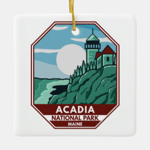 Acadia Nationalpark Maine Leuchtturm Retro Emblem Keramikornament