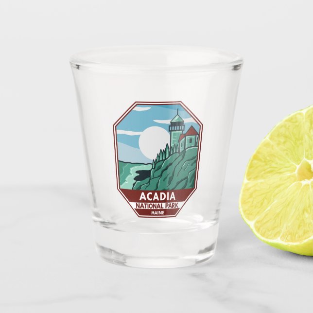 Acadia Nationalpark Maine Leuchtturm Retro Emblem Schnapsglas (Vorderseite)