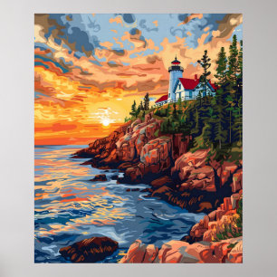 Acadia Nationalpark, Maine Lighthouse Travel Poster