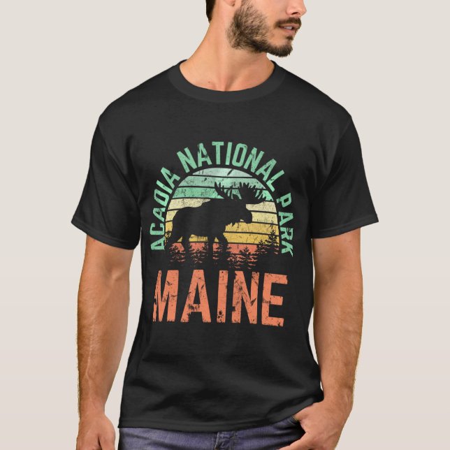 Acadia Nationalpark Maine Moose Wandern Retro Sonn T-Shirt (Vorderseite)