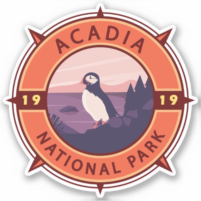 Acadia Nationalpark Puffin Retro Kompass Emblem Aufkleber (Vorderseite)