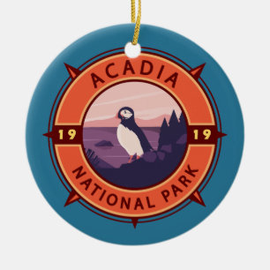 Acadia Nationalpark Puffin Retro Kompass Emblem Keramik Ornament