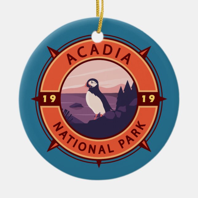 Acadia Nationalpark Puffin Retro Kompass Emblem Keramik Ornament (Vorne)