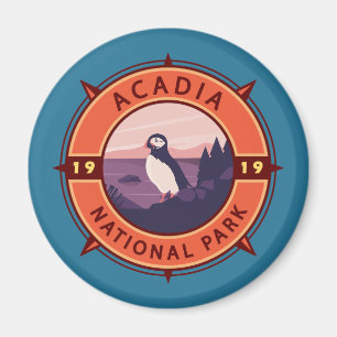 Acadia Nationalpark Puffin Retro Kompass Emblem Magnet