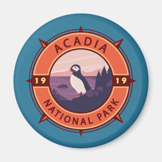 Acadia Nationalpark Puffin Retro Kompass Emblem Magnet (Vorne)