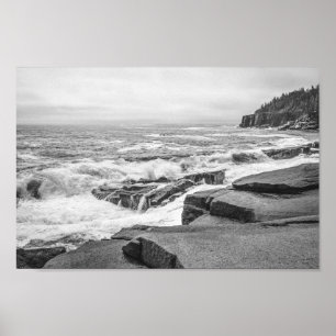 Acadia Rocky Coastline in Maine Black und White Poster