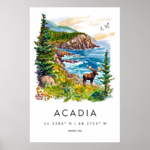 Acadia Watercolor Vintage Reiseposter Skifahren Poster